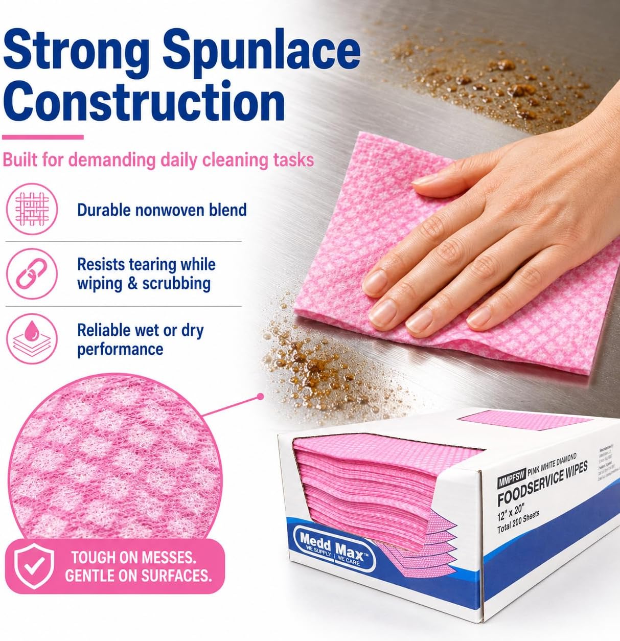 Medd Max Pink Towels Foodservice Reusable Paper Towels 12" x 20" Cleaning Cloths for Kitchen, Restaurant, Cafeterias and Home All Purpose - 200 Count