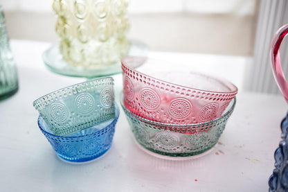 Boston International Vintage-Inspired Glass Serving Bowl with Embossed Floral Pattern for Salad Snacks Dinner, Small 4.75" x 2.25", Pink Codi