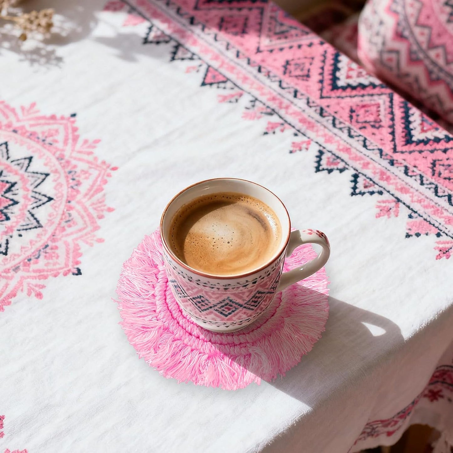 Whaline 4Pcs Boho Macrame Coasters Handmade Woven Drink Coasters Red Pink Farmhouse Cup Mat Pad for Home Kitchen Office Valentine's Day Party Table Decor