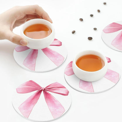 Watercolor Light Pink Coquette Bow Drinks Coasters Set of 4 Leather Drink Coasters for Tabletop Protection Heat Resistant Bar Cup Mat Pad