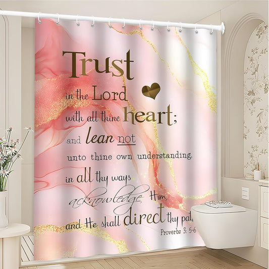 Inspirational Quote Shower Curtains Pink Marble Abstract Modern Luxury Gold Trust in The Lord with All Thine Heart Motivational Words Bathroom Decor Polyester Curtain 70 x 70 Inch with Hooks