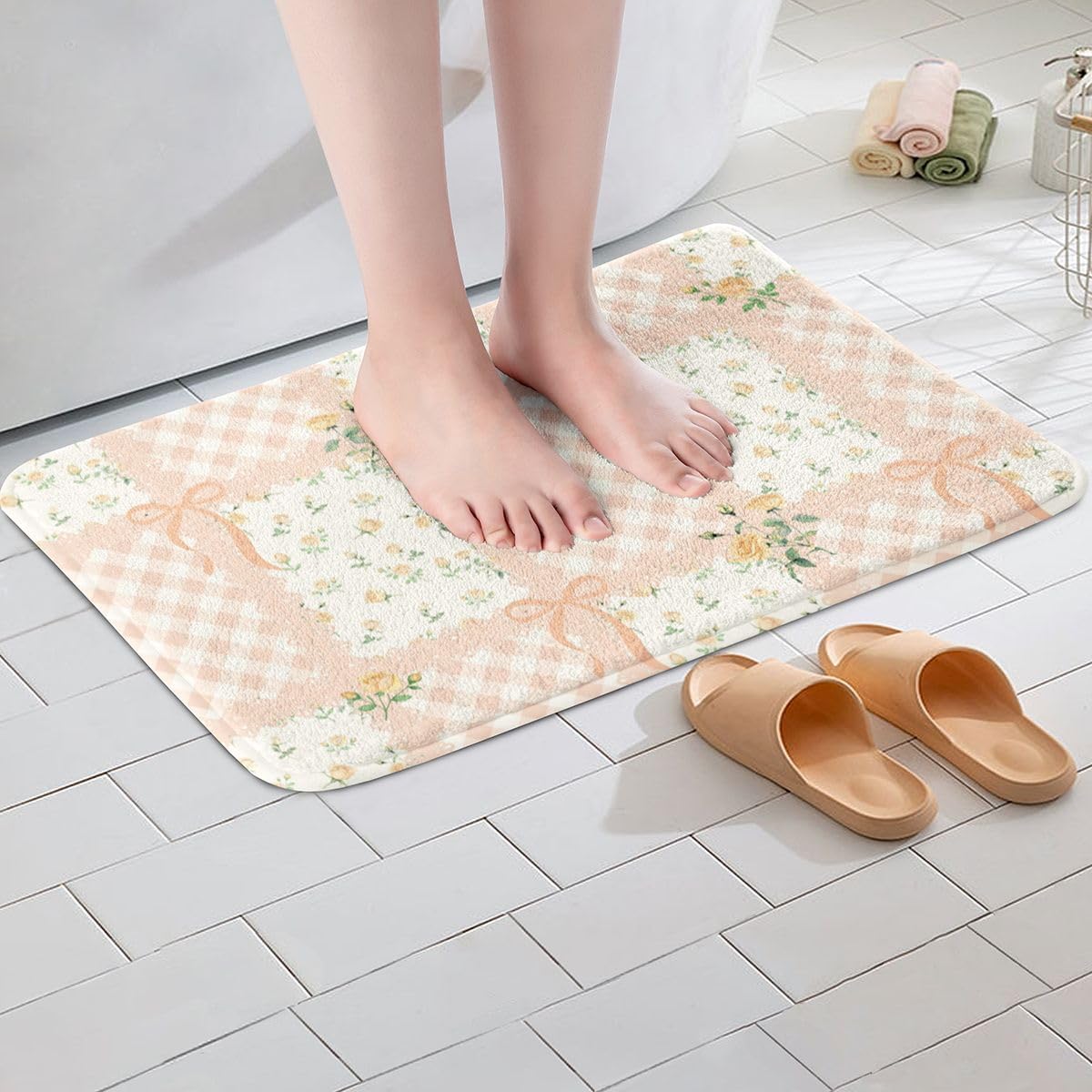 Homewish Light Pink Bow Bathroom Rugs,Rose Flower Non Slip Bath Mat Checkered Patchwork Plaid Bathroom Indoor Floor Mats,Boho Rustic Style Shaggy Absorbent Bathtub Decor Rug,16"x24"