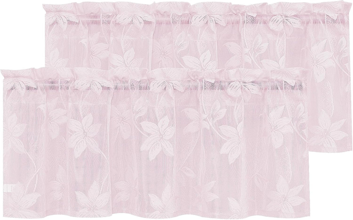 DWCN 2 Pack White Floral Lace Valances for Kitchen - Rod Pocket Half Window Sheer Curtains for Small Window Living Room Cafe, 42 x 18 inch, Sakura Pink