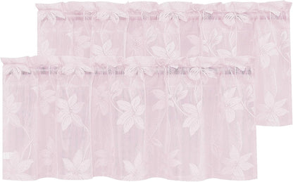 DWCN 2 Pack White Floral Lace Valances for Kitchen - Rod Pocket Half Window Sheer Curtains for Small Window Living Room Cafe, 42 x 18 inch, Sakura Pink