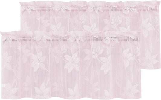 DWCN 2 Pack White Floral Lace Valances for Kitchen - Rod Pocket Half Window Sheer Curtains for Small Window Living Room Cafe, 42 x 18 inch, Sakura Pink