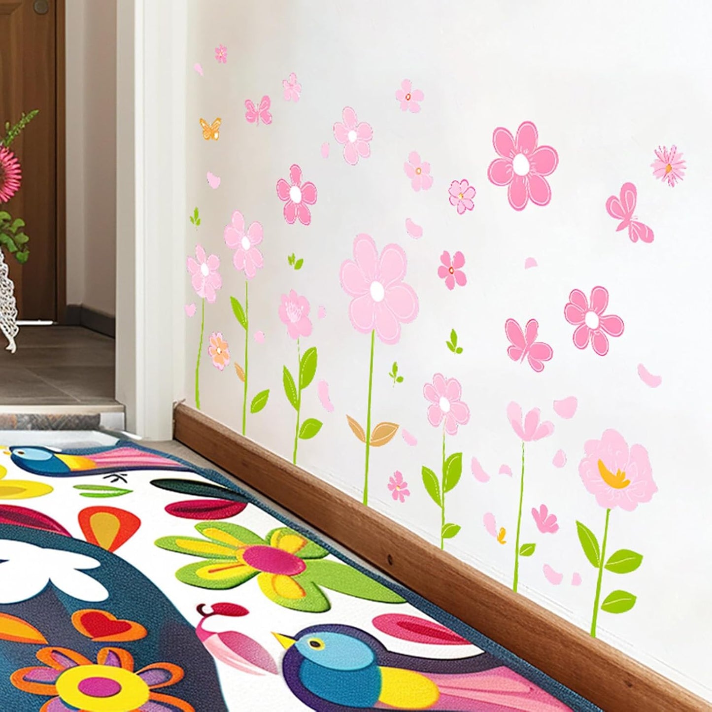 Pink Flower Wall Decals Butterfly Daisy Wall Stickers PVC Floral Decor for Girls Bedroom Living Room Nursery Kids Room