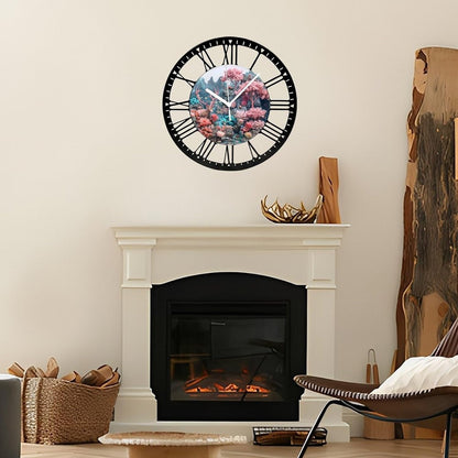 Metal Wall Clock for Living Room -10" Deer Among Pink Trees Coral Stream Silent Non Ticking,Battery Operated, Antique Clocks for Farmhouse,Bedroom,Kitchen - Rome Numerals