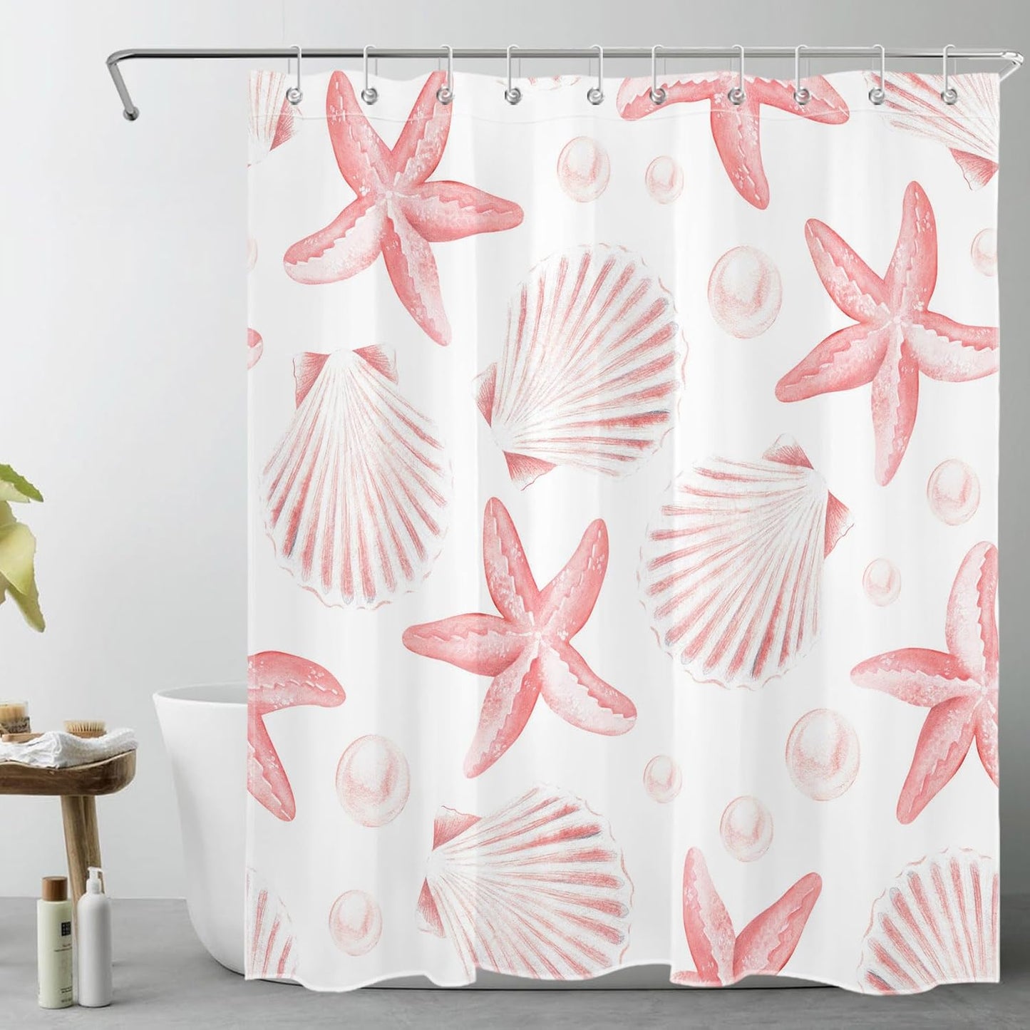 HVEST Nautical Coastal Shower Curtain for Bathroom Pink Seashell Seastar on White Fabric Shower Curtain with Hooks Summer Ocean Beach Bathroom Decor Curtains,72L X 60W inches