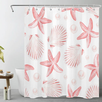 HVEST Nautical Coastal Shower Curtain for Bathroom Pink Seashell Seastar on White Fabric Shower Curtain with Hooks Summer Ocean Beach Bathroom Decor Curtains,72L X 60W inches