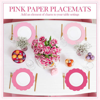 Tinlade 80 Pcs Wedding Pink Paper Placemats 13 Inch Disposable Place Mats Decorative Round Scalloped Table Placemats for Wedding Banquet Bridal Birthday Party Supplies Dining Tableware Decor