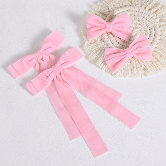 Velvet Ribbon Hair Bows Clips 4pc Assorted Colors 2 Sizes 4.5" & 3.14" Long Tail Dress Bow Alligator Barrettes,School Uniform Ponytail Accessory for Girls Kids Teens Women Gift Set (Light Pink)