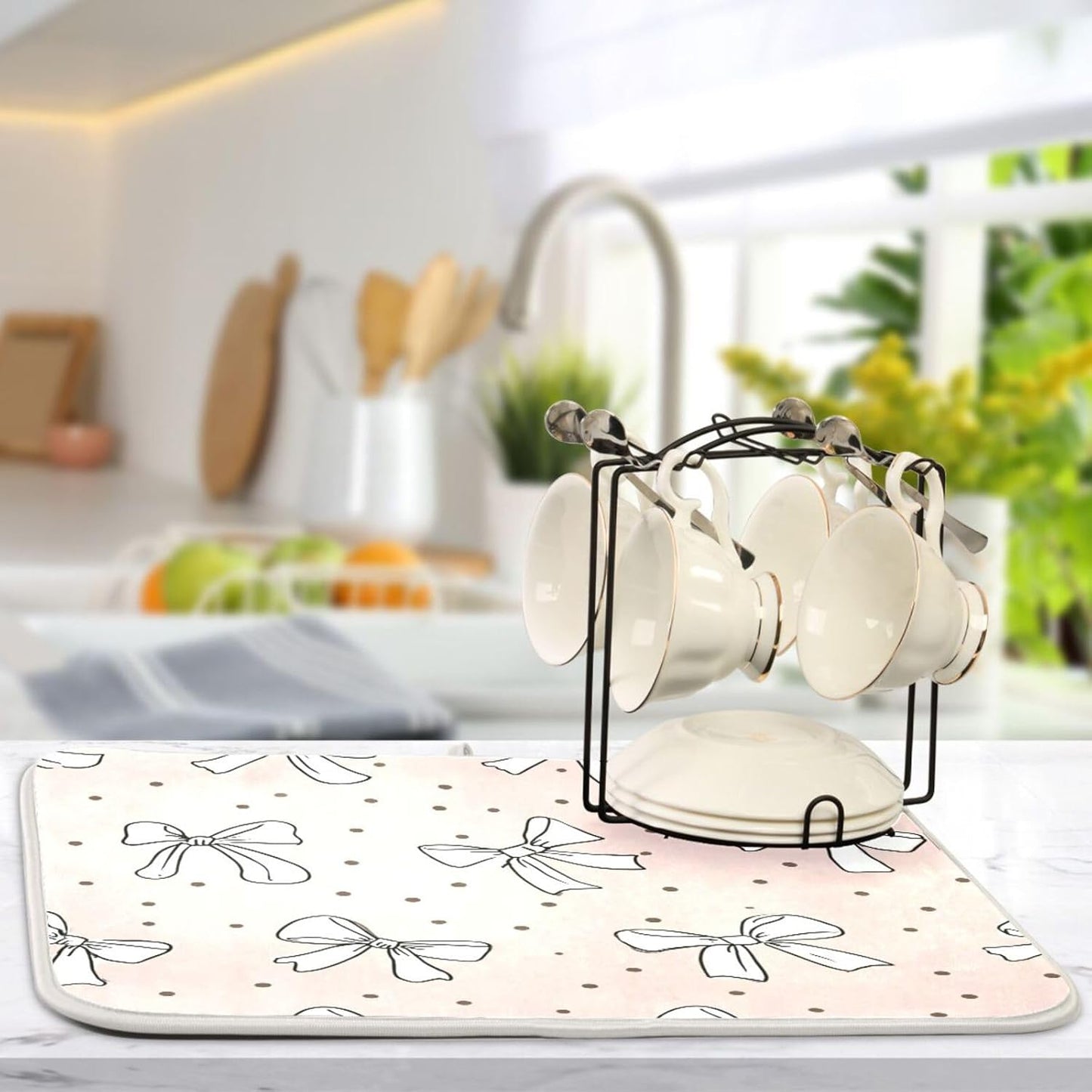Cute Bow Light Pink Dish Drying Mat Absorbent Dishes Drainer Rack Mats Microfiber Reversible Dish Drying Pad Fast Dry Kitchen Accessories 16x18in For Kitchen Counter