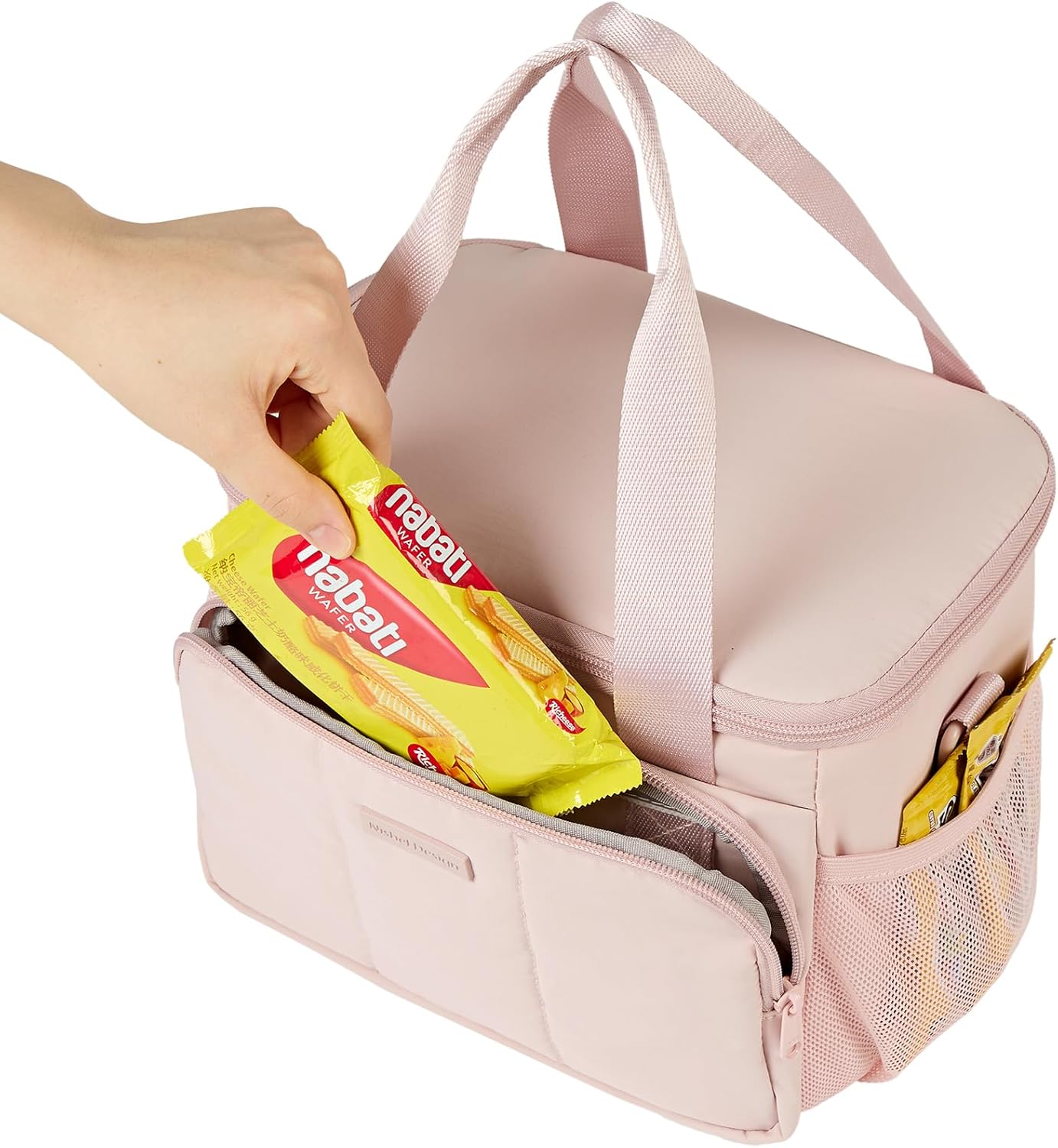 NISHEL Lunch Bag for Women, Insulated Leakproof Cooler Case with Detachable Shoulder Strap & Multiple Pocket, Easy-Clean PEVA Lining, Puffy Design for Work，Medium Size, Pink
