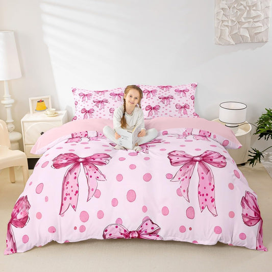 Erosebridal Pink Princess Bow Duvet Cover Twin Cute Coquette Bowknot Bedding Set Kawaii Ribbon Bow Comforter Cover for Kids Girls Teen Women,Pink Watercolor Polka Dot Bed Set