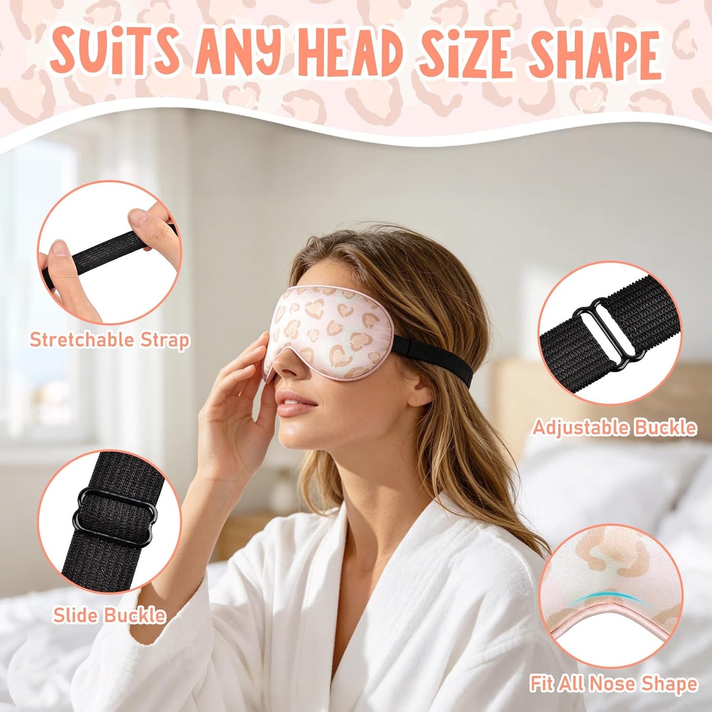 OlyPegic 2 Pcs Girls Sleep Masks for Women Girls Silk Eye Mask Sleeping Eye Masks Women with Adjustable Strap Soft Lightweight Eye Cover Pink Bow Blindfold Shade Light Blocking Travel Home Use