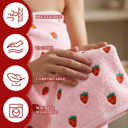 FYSUIMU Strawberry Bathroom Towels Set of 3 Pink Red Strawberry Fruit Embroidered Cotton Bath Towel Hand Towel Wash Cloth for Holiday Hand Drying Shower Supplies