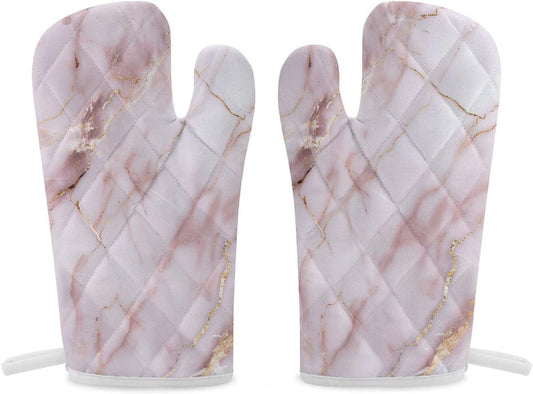 Light Pink Marble Texture with Gold Veining Oven Mitts 2 Pcs, Heat Resistant Glove Trendy Non-Slip Baking Mitts Kitchen Accessories