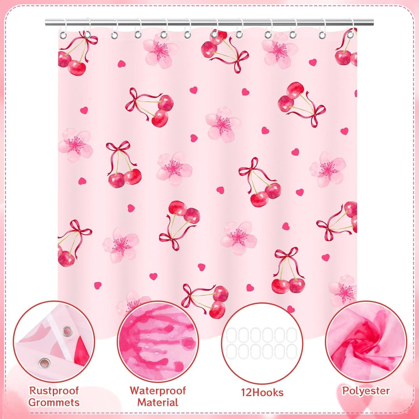 Cherry Shower Curtain, Pink Shower Curtain with Floral Heart Cherry Decoration, 71x71 Inches Waterproof Fabric Bathtub Curtains for Girls Kids Bathroom Decor