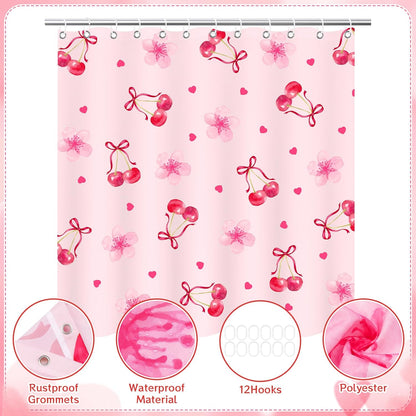 Cherry Shower Curtain, Pink Shower Curtain with Floral Heart Cherry Decoration, 71x71 Inches Waterproof Fabric Bathtub Curtains for Girls Kids Bathroom Decor