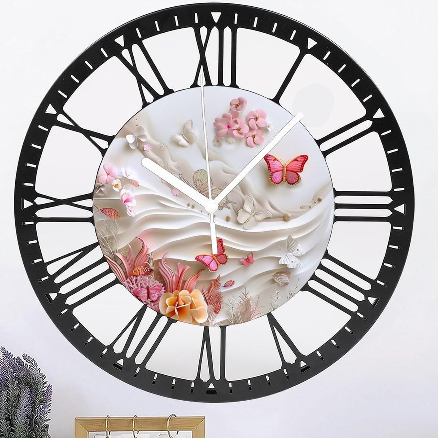 Metal Wall Clock for Living Room -10" Pink Butterflies and Fish in Coral Garden Silent Non Ticking,Battery Operated, Antique Clocks for Farmhouse,Bedroom,Kitchen - Rome Numerals