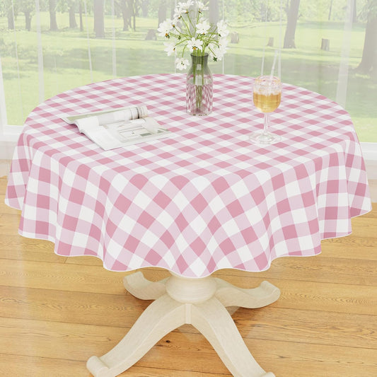 Smiry Plastic Table Cloth, Waterproof Vinyl Tablecloth with Flannel Backing, Wipeable Buffalo Plaid Table Cover for Picnic, Indoor and Outdoor (Pink & White, 60" Round)