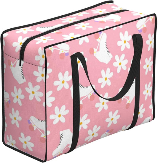 Pink Roller Skates Floral Girl Skater Large Duffle Bag Foldable Lightweight Travel Duffle Bag for Women Men