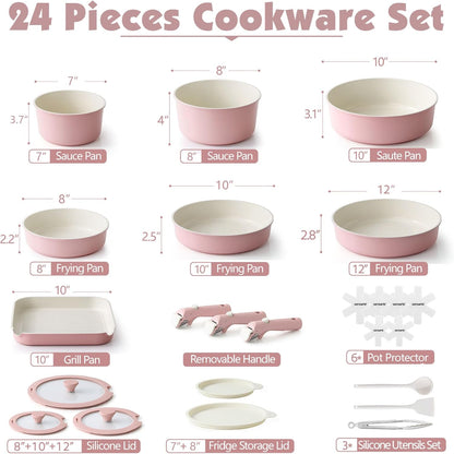 SENSARTE 24 Piece Ceramic Pots and Pans Set, Nonstick Detachable Handle Cookware, Induction Kitchen Cookware Set with Removable Handle, Healthy Non Stick for RV, Dishwasher＆Oven Safe, PFOA Free (Pink)