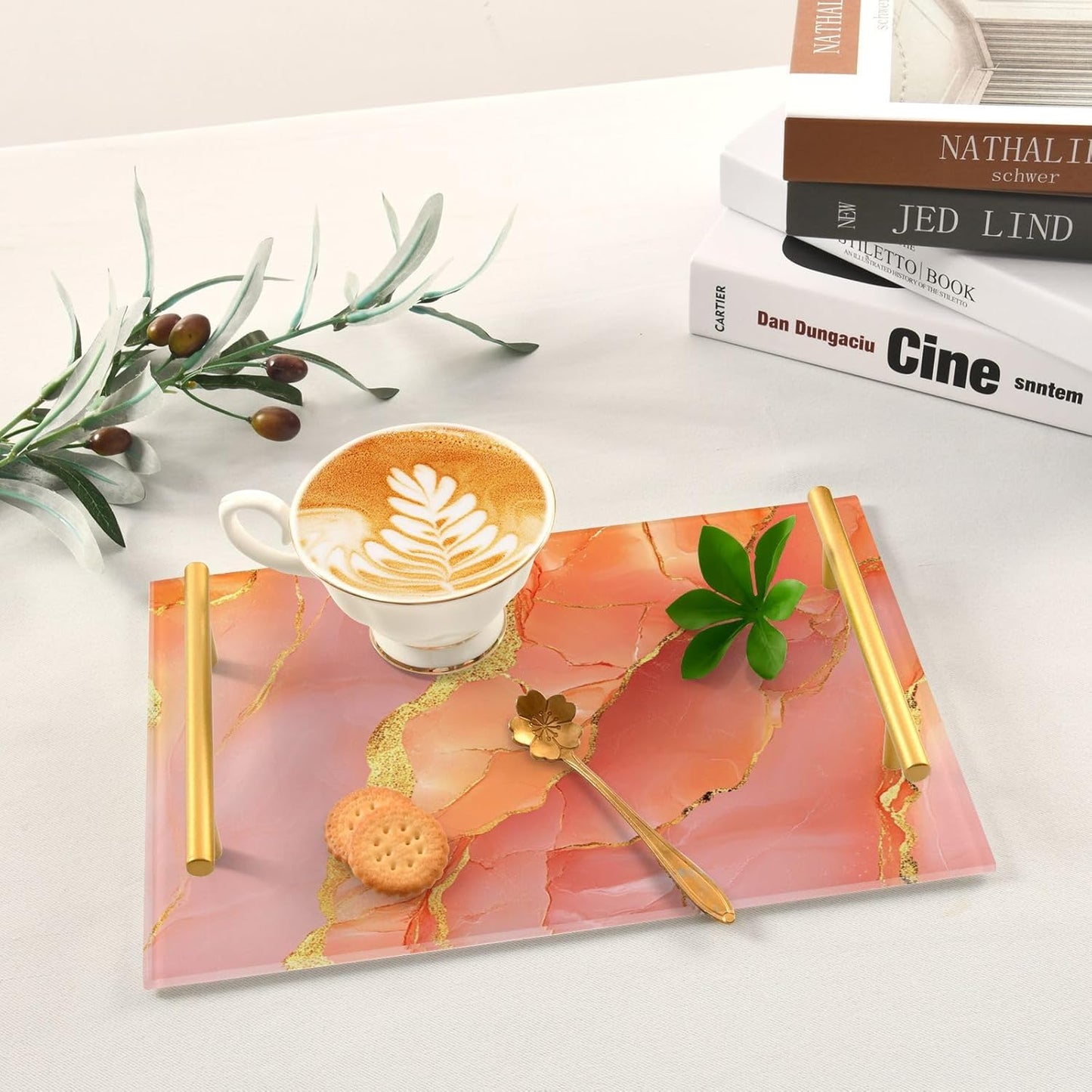 Marble Peach Gold Decorative Tray with Handles with Handles Food Trays for Eating for Jewelry Perfume for Food Service bandeja decorativa para perfumes