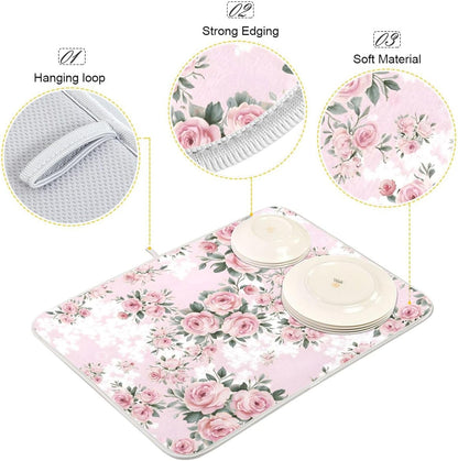 Floral Pink Roses Bouquets Dish Drying Mat for Kitchen Counter Absorbent Microfiber Drying Pad, Medium 16x18 in, Reversible Drainer Mats