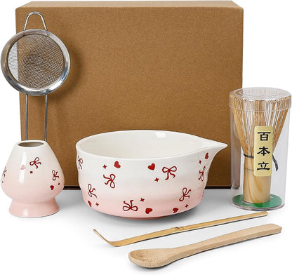 Koythin 6-Piece Ceramic Matcha Whisk Set, Cute Bow-Heart Matcha Bowl Set for Ceremony Tea-Lovers, Unique Tea Making Kit with Whisk Holder Scoop Two Bowls (Gradient Pink White)