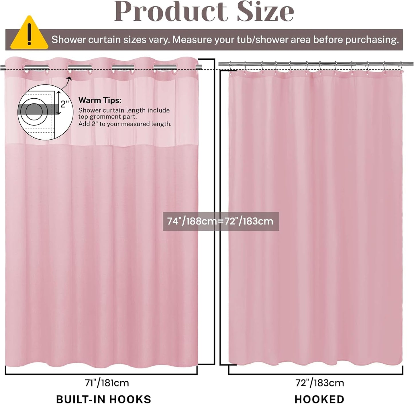 SORTTO No Hook Slub Textured Shower Curtain with Snap in Liner - Pink Fabric Outer Curtain & Waterproof Inner Liner, Hotel Style with See Through Top Window, 71x74 in