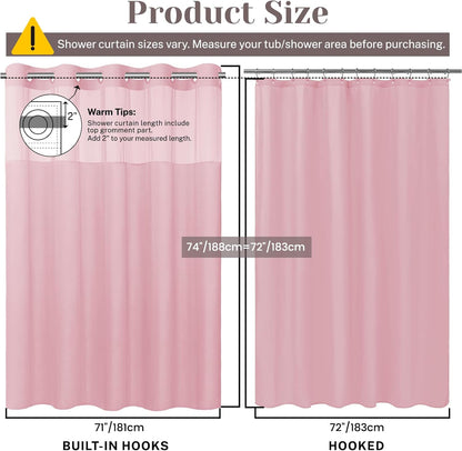 SORTTO No Hook Slub Textured Shower Curtain with Snap in Liner - Pink Fabric Outer Curtain & Waterproof Inner Liner, Hotel Style with See Through Top Window, 71x74 in