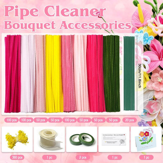 985pcs Multi-Pink Gradient Pipe Cleaner Flower Making Kit–8 Pink Tones Chenille Stems with Flower Stems, Stamens etc, Complete DIY Flower Making Set for Art Projects, Party Decorations & Gift Wrapping