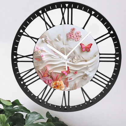 Metal Wall Clock for Living Room -10" Pink Butterflies and Fish in Coral Garden Silent Non Ticking,Battery Operated, Antique Clocks for Farmhouse,Bedroom,Kitchen - Rome Numerals