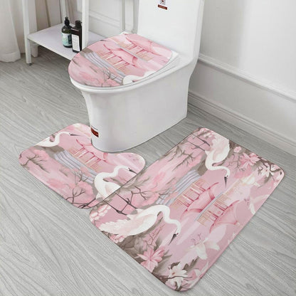 Chinoiserie Light Pink Pagoda and Cranes Bathroom Rugs Bath Mats Set 3 Piece 20"x32" Vintage Garden Plants Bath Rugs and U-Shaped Contour Toilet Rug Bath Mats Shower Mats Bath Rug Mat