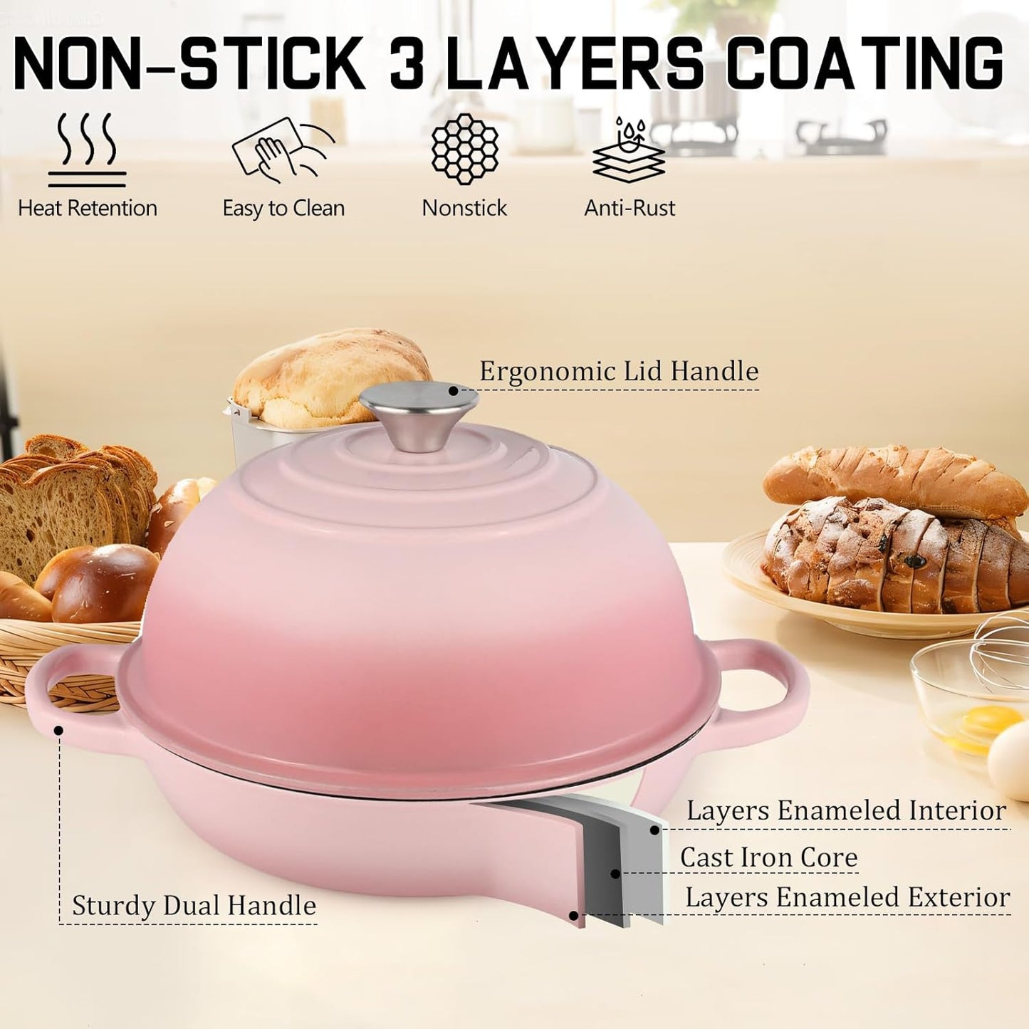 Enameled Cast Iron Bread Oven, Dutch Oven Pot with Lid & Cotton Potholder, 10" Bread Dutch Oven for Bread Baking, 6 Quarts Bread Pan with Dome Lid, Non-stick Cookware for Homemade Bread, Pink