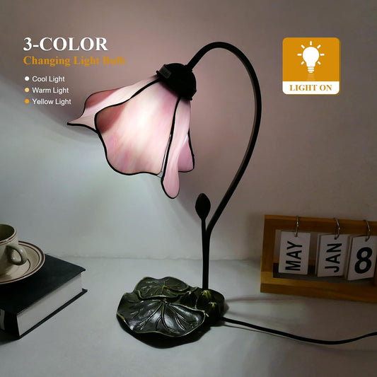 Tiffany Table Lamp Pink Lotus Stained Glass Lamp 8" Wide 14" Tall Bedside Table Light Desk Lamps Vintage Reading Lamp with Color Changing LED Bulb