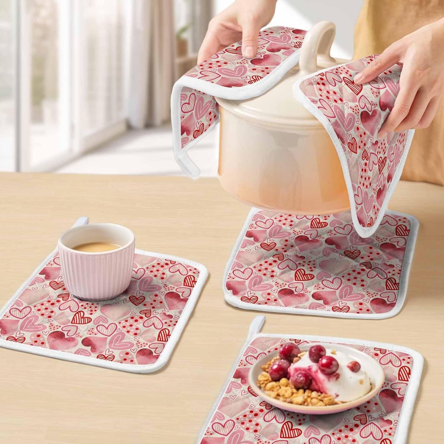 Valentine's Day Pot Holders for Kitchen, Romantic Light Pink Loves Polka Dot Pot Holder with Loop Trivet Heat Insulation Oven Mitts Hot Pads, Washable Potholders for Cooking Baking 2 Pack