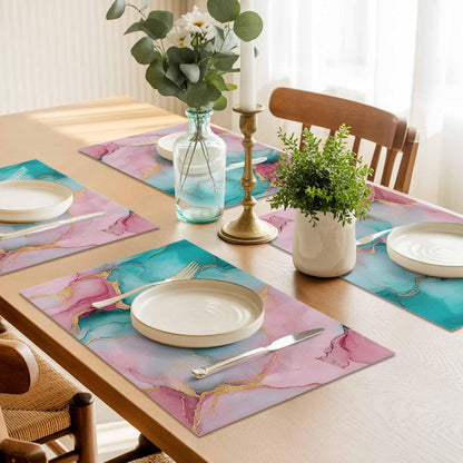 Water Pink Marble Placemat Set of 4 Non-Slip Placemats for Dining Table Abstract Art Washable Table Mats, Heat Resistant Kitchen Table Mats for Party, Dining Room & Home Decor