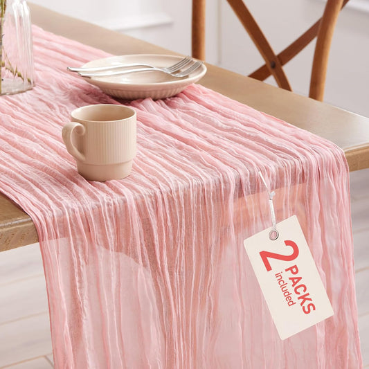 Pureegg 2-Pack Cheesecloth Table Runner, 120'' Easter Spring Boho Gauze Table Cloth Decorations for Party, Baby Shower, Wedding and Farmhouse, Fabric Room Decor, Dusty Pink