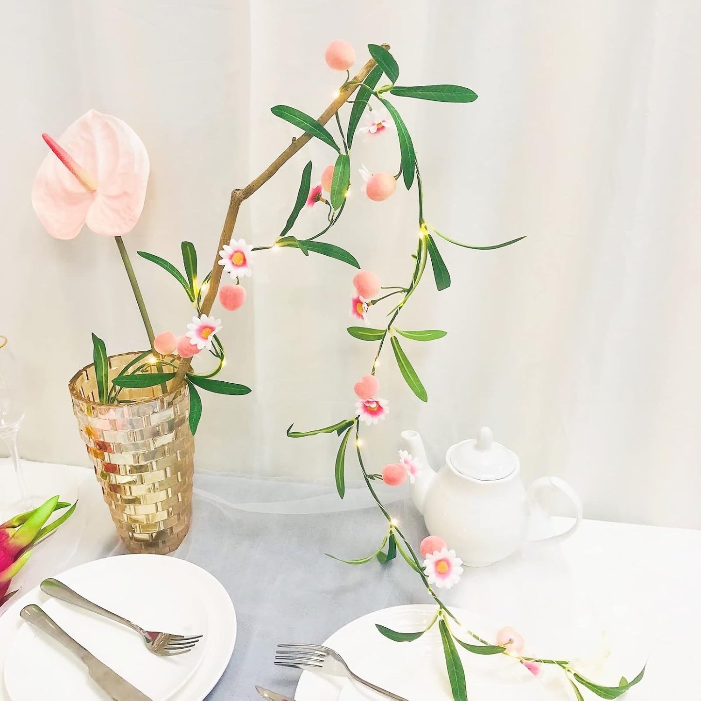 Simulation Peach String Lights Hanging Vine Plant Peach Garland Artificial Fruit Peach Pink Flower Fairy Light Battery Powered for Home Garden Wedding Party Decor (2 Pack, Pink Peach)