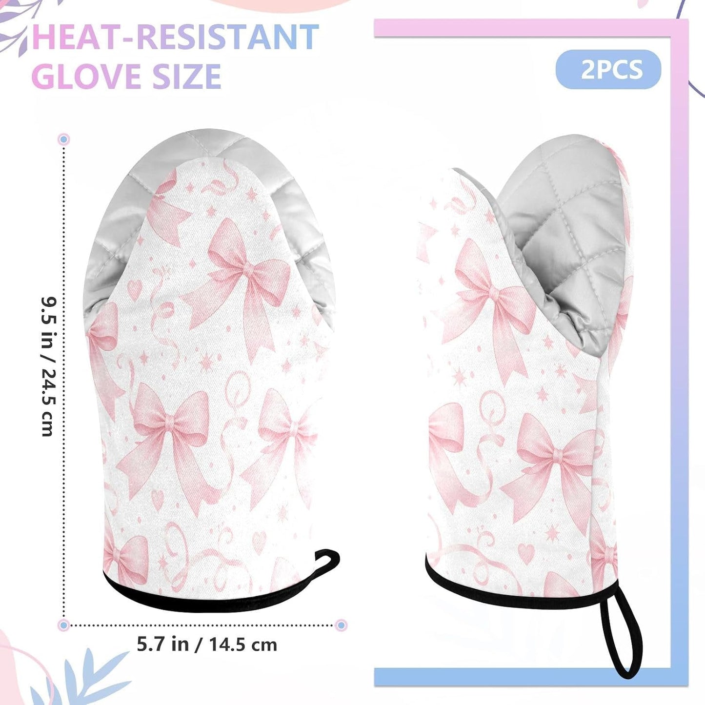 Bows Watercolor Pink Non-Slip Oven Mitts Set Heat Resistant Kitchen Gloves with Quilted Liner Cotton Machine Washable with Hanging Loop for Baking Grilling BBQ