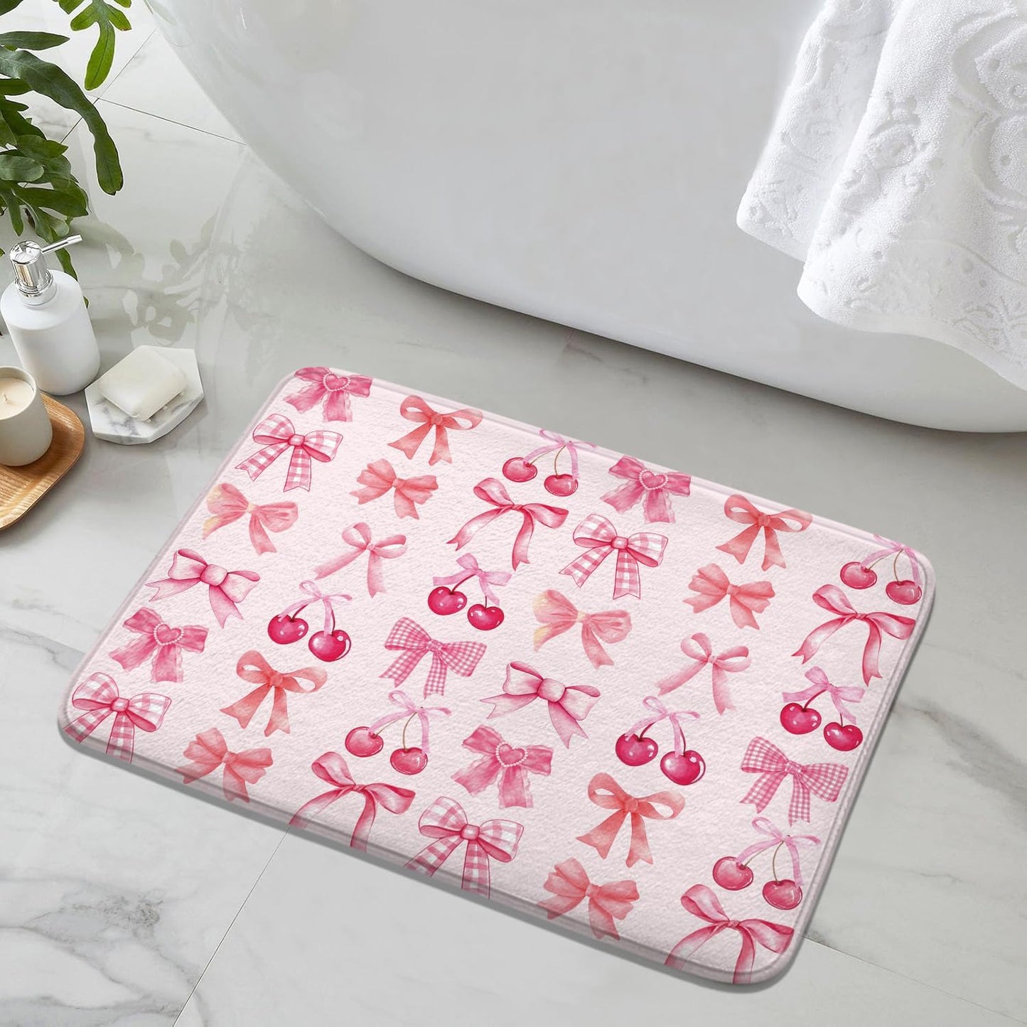 Red Cherry Pink Bow Cute Fruit Watercolor Bath Rug, Non-Slip Microfiber Soft Plush Modern Bathroom Mat Carpets Floor Mat for Bedroom Kitchen Bathroom Toilet 17x29 Inch