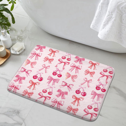 Red Cherry Pink Bow Cute Fruit Watercolor Bath Rug, Non-Slip Microfiber Soft Plush Modern Bathroom Mat Carpets Floor Mat for Bedroom Kitchen Bathroom Toilet 17x29 Inch
