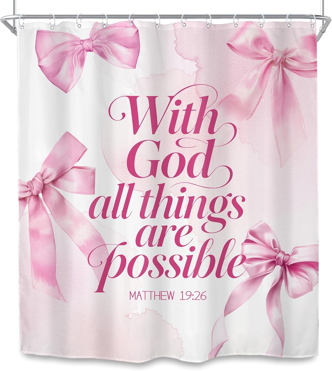 SVBright Pink Bow Bible Verse Shower Curtain 60Wx72L Inch Coquette Bowknot Cute Girly Inspirational Scripture Quotes Modern Artistic 12 Pack Hooks Polyester Waterproof Fabric Bathroom Bathtub Panels