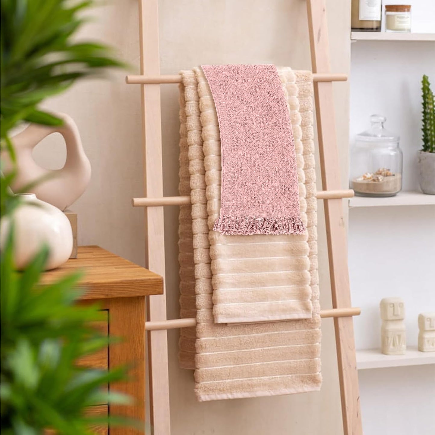 2 Pcs Hand Towels Bathroom, 30×13 Inch Boho Decorative Hand Towels Turkish Soft Face Towel for Boho Bathroom Decor Farmhouse Kitchen Hotel Spa Guest (Pink)