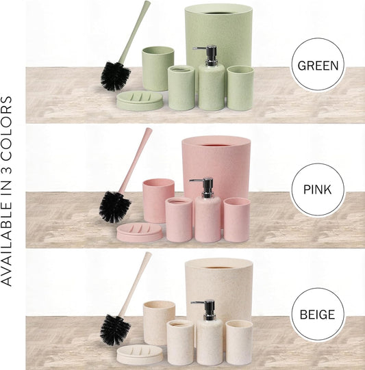 CERBIOR Bathroom Accessories Set 6 Piece Wheat Straw Bath Ensemble Includes Soap Dispenser, Toothbrush Holder, Toothbrush Cup, Soap Dish for Decorative Countertop and Housewarming Gift (Pink)