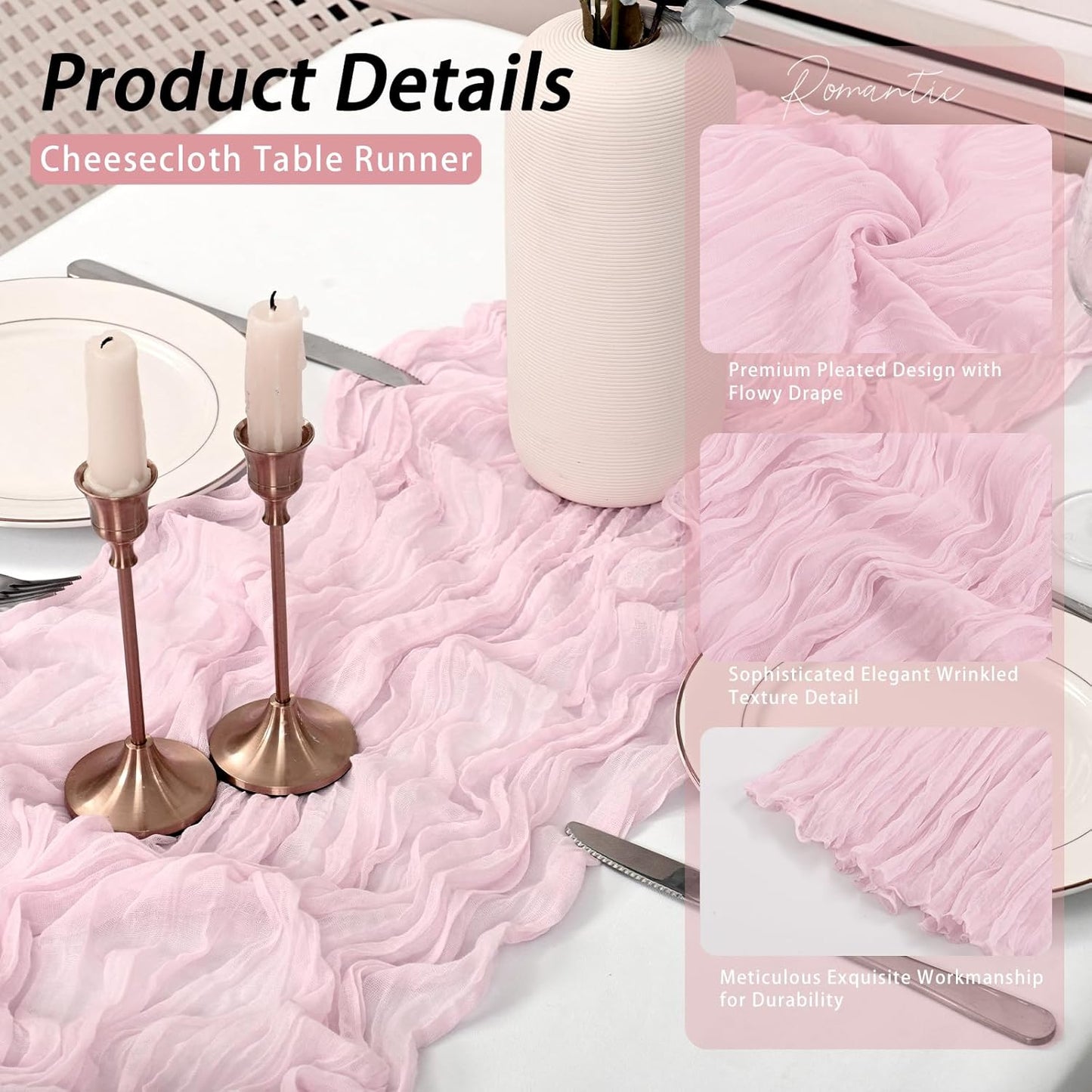 8 Pack Pink Cheesecloth Table Runner 17x108 inch Boho Gauze Cheese Cloth Table Runners for Wedding Party Baby Bridal Shower Home Decor