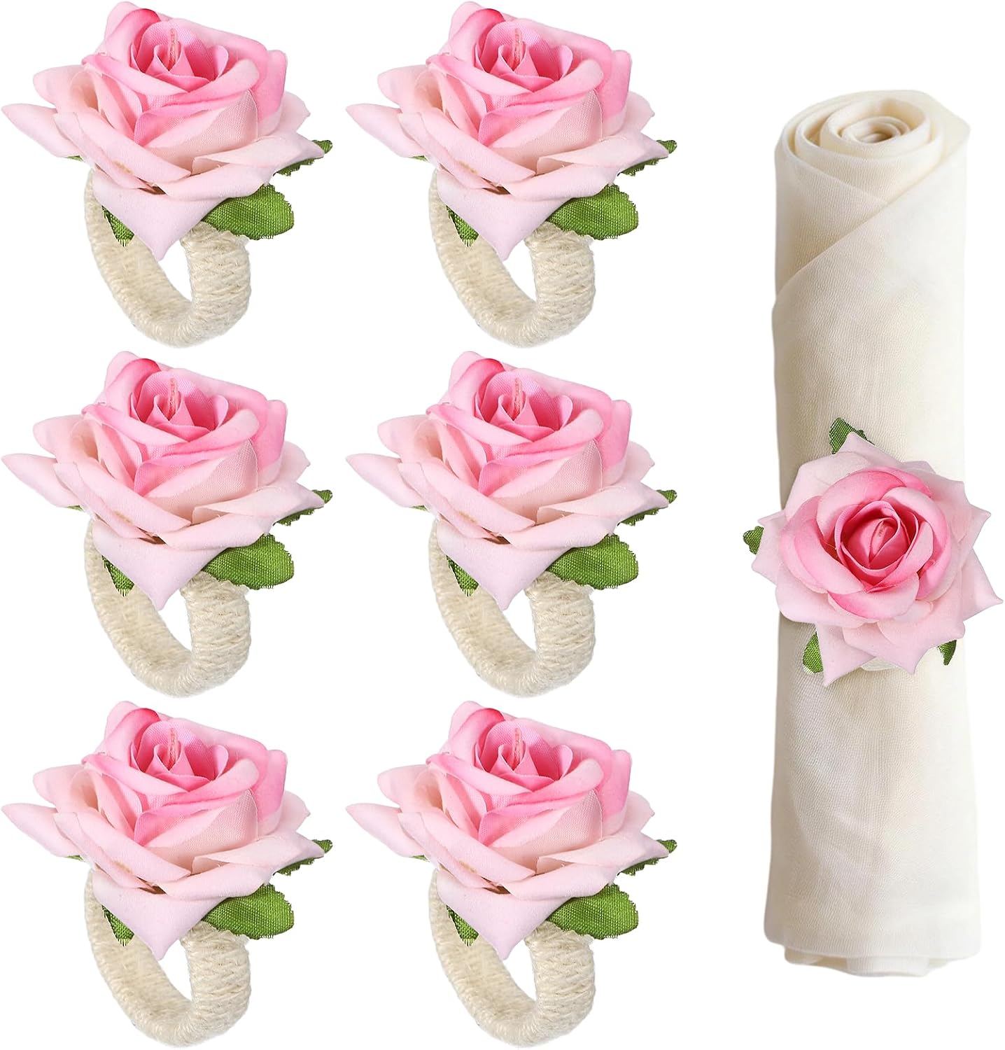 uxcell 4Pcs Flower Napkin Rings, Handmade Rose Napkin Ring Holders Buckles Table Decorations for Christmas Thanksgiving Valentine Decor Wedding Parties, Banquet, Home, Pink
