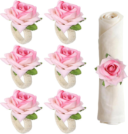 uxcell 4Pcs Flower Napkin Rings, Handmade Rose Napkin Ring Holders Buckles Table Decorations for Christmas Thanksgiving Valentine Decor Wedding Parties, Banquet, Home, Pink